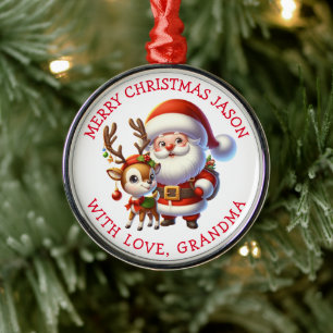 Niedlicher Weihnachtsmann und Rentier Personalisie Ornament Aus Metall