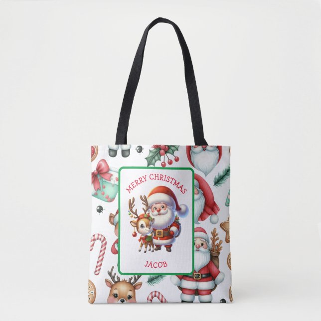 Niedlicher Weihnachtsmann und Rentier Personalisie Tasche (Vorderseite)