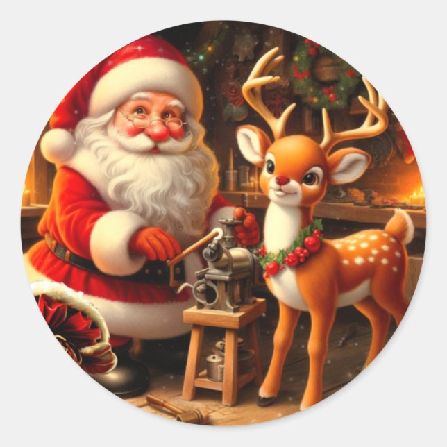 Niedlicher Weihnachtsmann und Rentier Runder Aufkleber (Vorderseite)