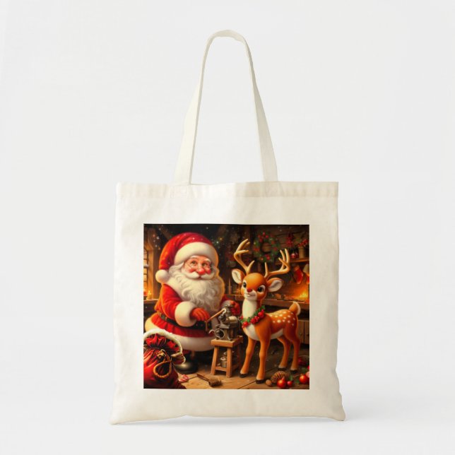 Niedlicher Weihnachtsmann und Rentier Tragetasche (Vorne)