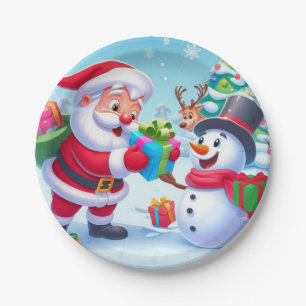 Niedlicher Weihnachtsmann und Schneemann Pappteller