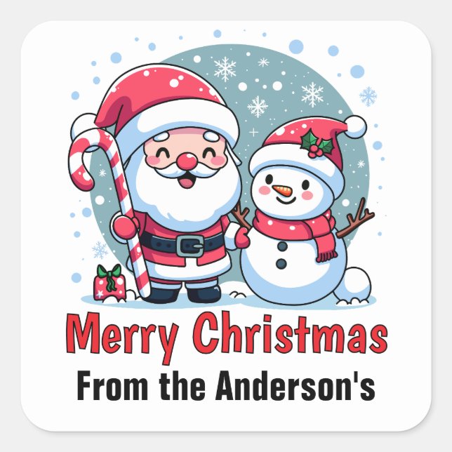 Niedlicher Weihnachtsmann und Schneemann Weihnacht Quadratischer Aufkleber (Vorderseite)