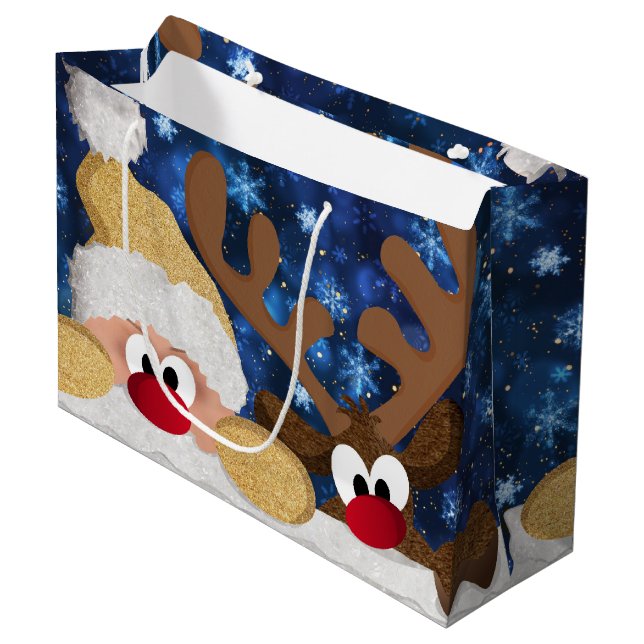 Niedlicher Weihnachtsmann und sein Rentier Große Geschenktüte (Vorderseite Schrägansicht)