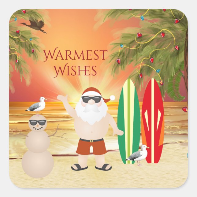 Niedlicher Weihnachtsmann und Surfbretter Strand W Quadratischer Aufkleber (Vorderseite)