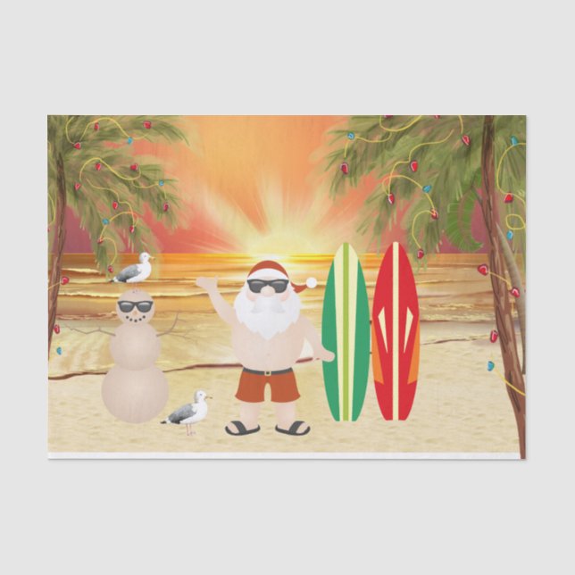 Niedlicher Weihnachtsmann und Surfbretter Strand W Seidenpapier (Vorderseite)