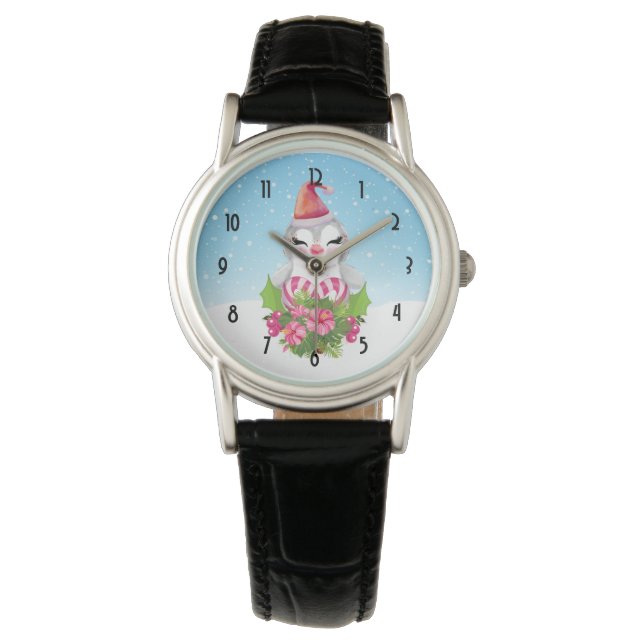 Niedlicher Weihnachtspenguin der Weihnachtsmannmüt Armbanduhr (Vorderseite)
