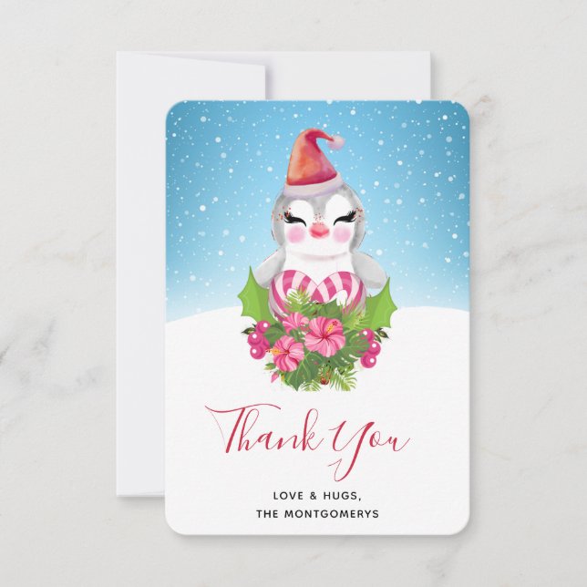 Niedlicher Weihnachtspenguin der Weihnachtsmannmüt Dankeskarte (Vorderseite)