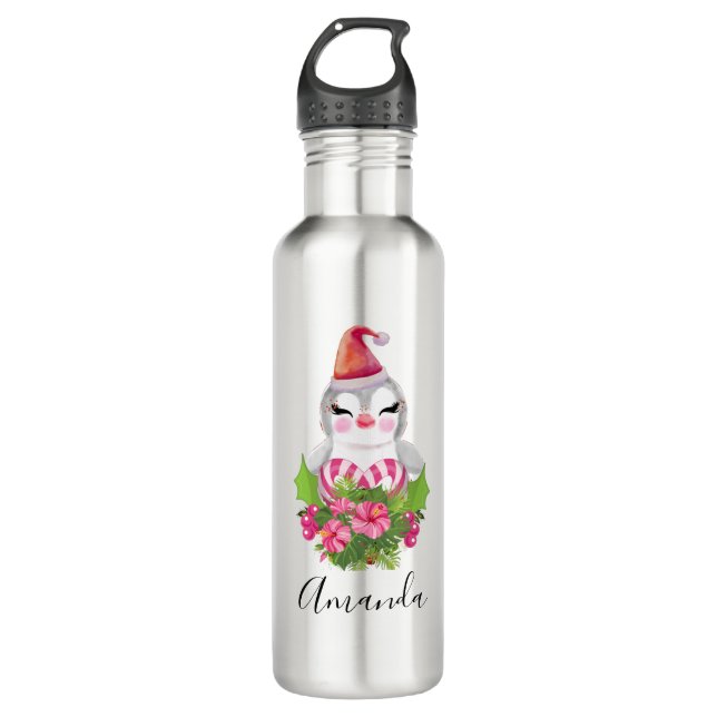 Niedlicher Weihnachtspenguin der Weihnachtsmannmüt Edelstahlflasche (Vorderseite)