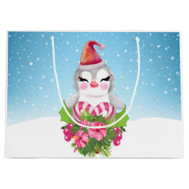 Niedlicher Weihnachtspenguin der Weihnachtsmannmüt Große Geschenktüte