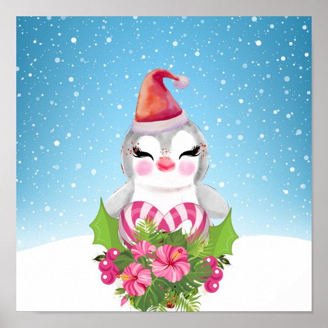 Niedlicher Weihnachtspenguin der Weihnachtsmannmüt Poster (Vorne)