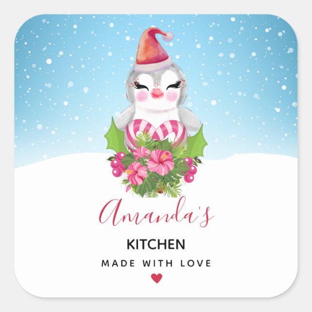 Niedlicher Weihnachtspenguin der Weihnachtsmannmüt Quadratischer Aufkleber (Vorderseite)