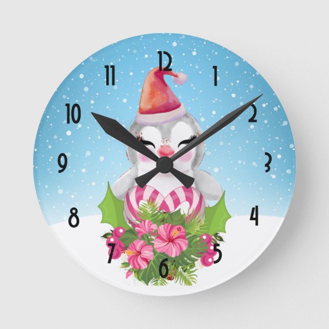 Niedlicher Weihnachtspenguin der Weihnachtsmannmüt Runde Wanduhr (Vorderseite)
