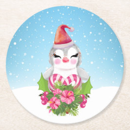 Niedlicher Weihnachtspenguin der Weihnachtsmannmüt Runder Pappuntersetzer