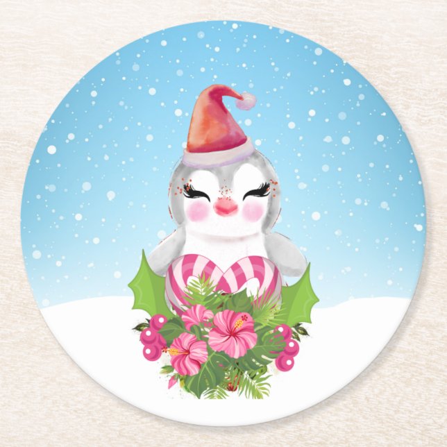 Niedlicher Weihnachtspenguin der Weihnachtsmannmüt Runder Pappuntersetzer (Vorderseite)
