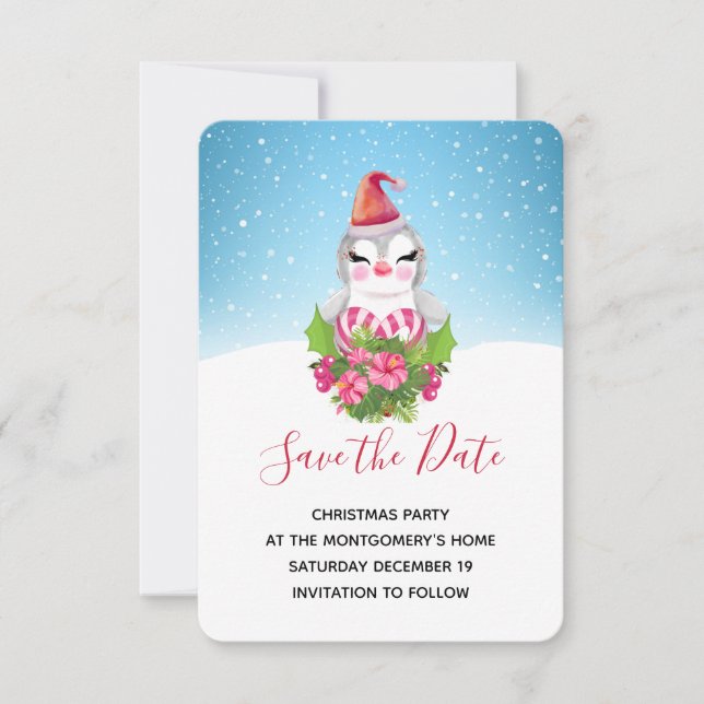 Niedlicher Weihnachtspenguin der Weihnachtsmannmüt Save The Date (Vorderseite)