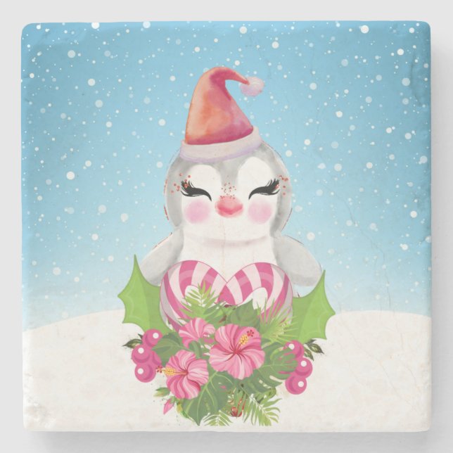 Niedlicher Weihnachtspenguin der Weihnachtsmannmüt Steinuntersetzer (Vorderseite)