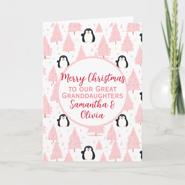 Niedlicher WeihnachtsPenguin Großtochter Pink Feiertagskarte (Vorderseite)