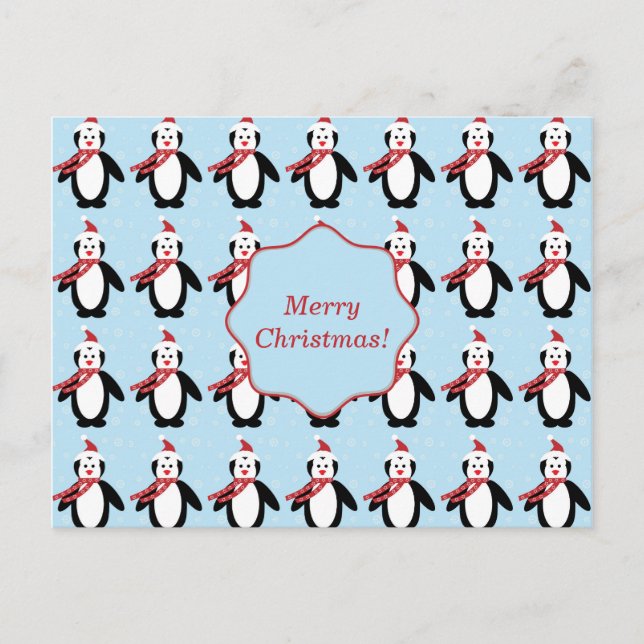 Niedlicher Weihnachtspenguin mit Weihnachtsmannmüt Feiertagspostkarte (Vorderseite)