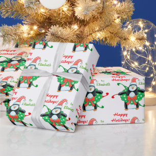 Niedlicher Weihnachtspenguin Personalisiert Kids Geschenkpapier