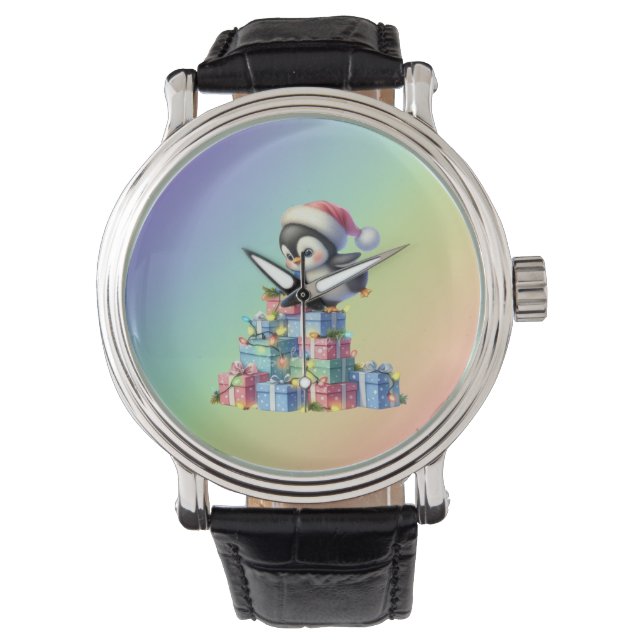Niedlicher Weihnachtspinguin mit Geschenken und Li Armbanduhr (Vorderseite)