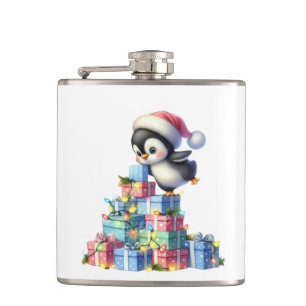 Niedlicher Weihnachtspinguin mit Geschenken und Li Flachmann