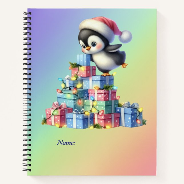 Niedlicher Weihnachtspinguin mit Geschenken und Li Notizbuch (Vorderseite)