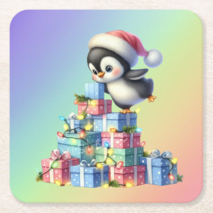 Niedlicher Weihnachtspinguin mit Geschenken und Li Rechteckiger Pappuntersetzer