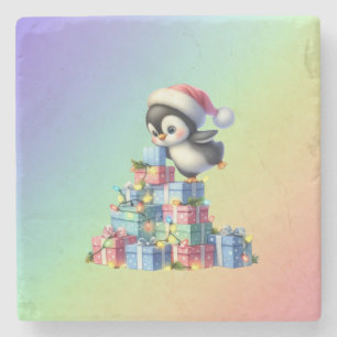 Niedlicher Weihnachtspinguin mit Geschenken und Li Steinuntersetzer