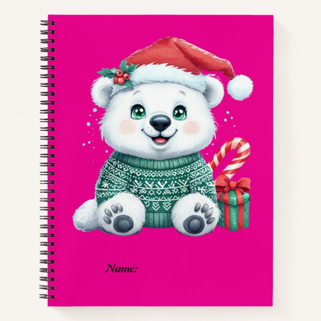 Niedlicher Weihnachtspolarbär im festlichen Pullov Notizbuch (Vorderseite)