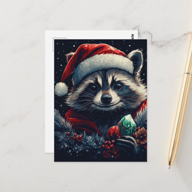 Niedlicher Weihnachtsraccoon Postkarte (Vorderseite/Rückseite Beispiel)