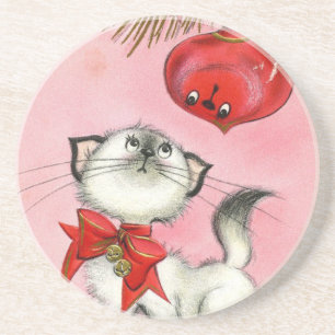 Niedlicher WeihnachtsRetro Vintag Kitten Katzenbau Getränkeuntersetzer