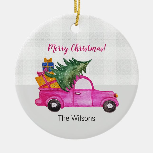 Niedlicher Weihnachtsrosa LKW mit Baum und Wünsche Keramik Ornament (Vorne)
