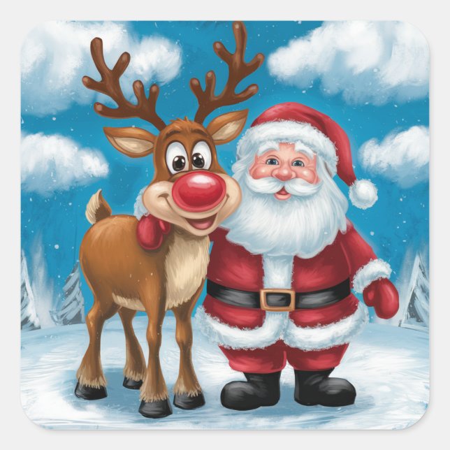 Niedlicher Weihnachtsschnee und Rudolph Quadratischer Aufkleber (Vorderseite)