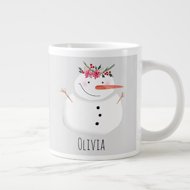 Niedlicher Weihnachtsschneemann mit Blume und Name Jumbo-Tasse (Rechts)