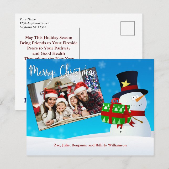 Niedlicher Weihnachtsschneemann mit Geschenk für I Postkarte (Vorne/Hinten)