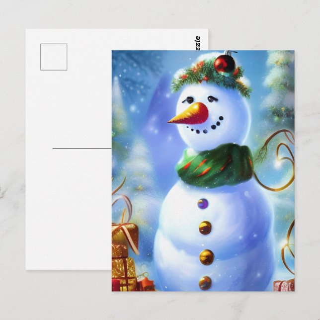 Niedlicher Weihnachtsschneemann mit Geschenken Postkarte (Vorne/Hinten)