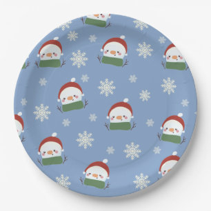 Niedlicher Weihnachtsschneemann mit Schneeflocken Pappteller