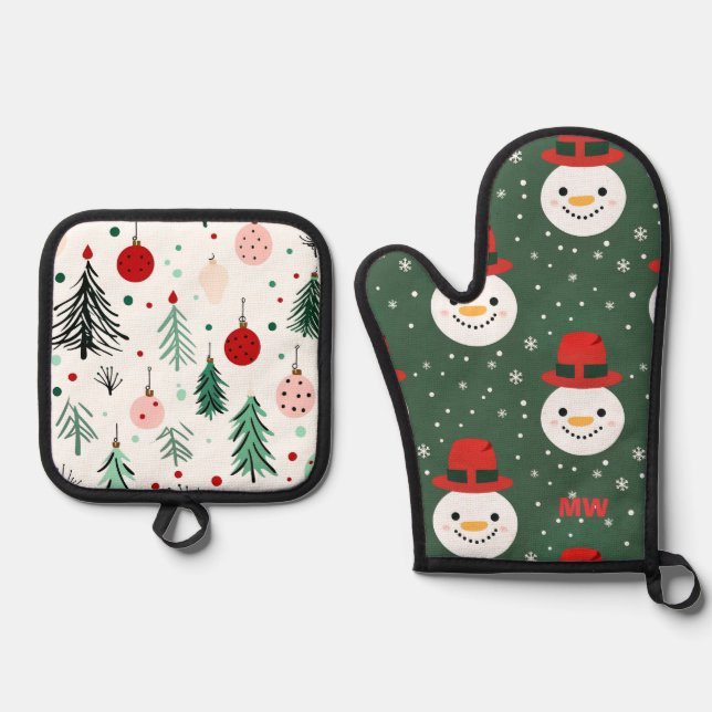 Niedlicher Weihnachtsschneemann Ofenhandschuh & Topflappen-Set (Vorderseite)