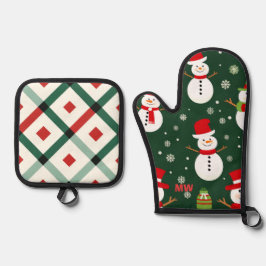 Niedlicher Weihnachtsschneemann Ofenhandschuh & Topflappen-Set