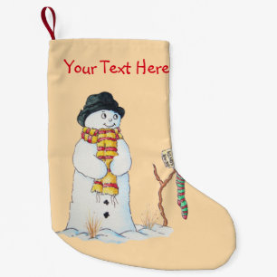 Niedlicher Weihnachtssnowman im Schneepatchwork Kleiner Weihnachtsstrumpf