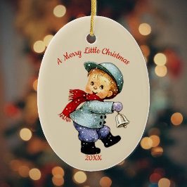 Niedlicher Weihnachtsspielzeugjunge mit Glockenver Keramik Ornament