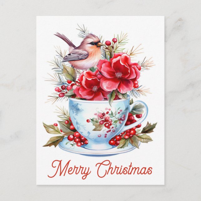Niedlicher Weihnachtstee Kardinal Blumenkohl Teacu Postkarte (Vorderseite)