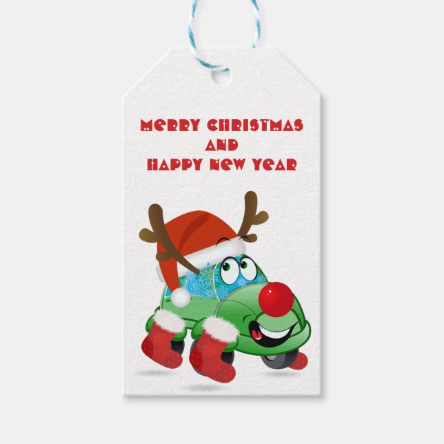 Niedlicher Weihnachtswagen Cartoon Geschenkanhänger (Vorderseite)