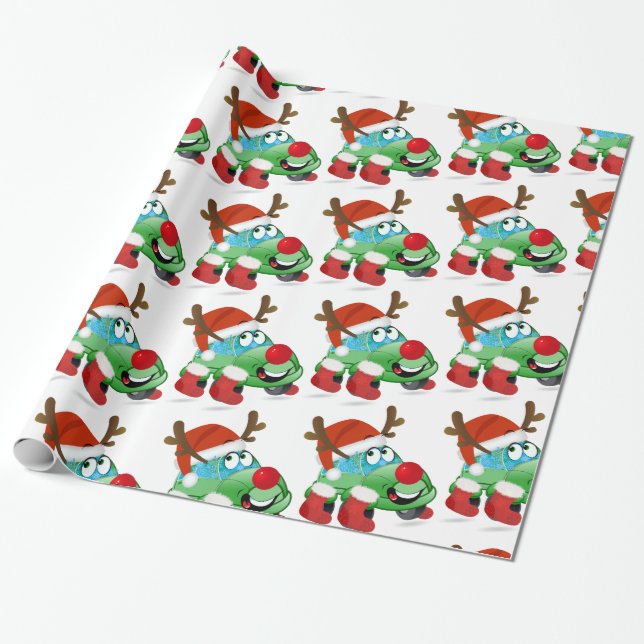 Niedlicher Weihnachtswagen Cartoon Geschenkpapier (Ungerollt)