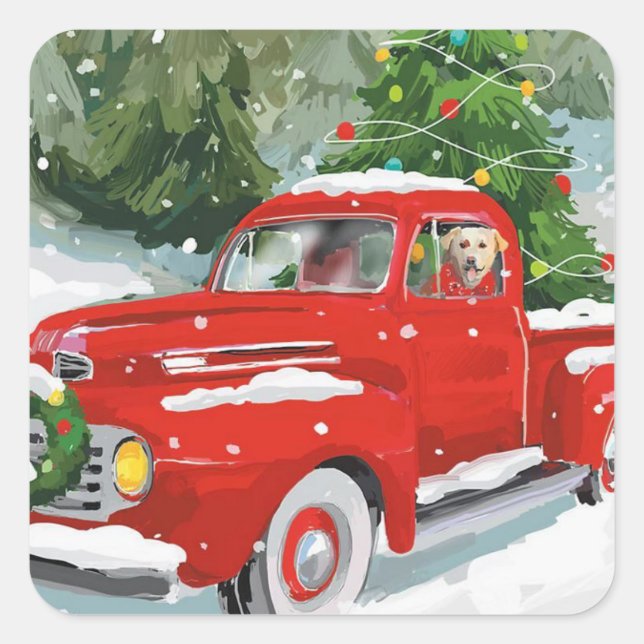 Niedlicher Weihnachtswagen mit Hund Quadratischer Aufkleber (Vorderseite)