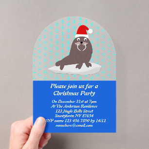Niedlicher Weihnachtswalrus und Schneeflocken Acryleinladungen