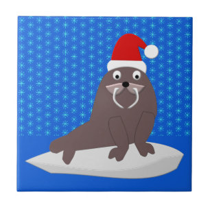 Niedlicher Weihnachtswalrus und Schneeflocken Fliese