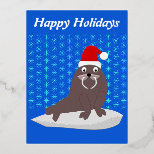 Niedlicher Weihnachtswalrus und Schneeflocken Folien Feiertagspostkarte