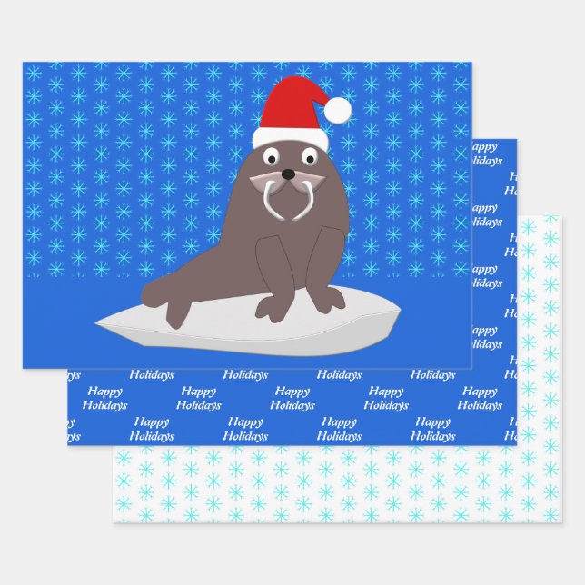 Niedlicher Weihnachtswalrus und Schneeflocken Geschenkpapier Set (Set)
