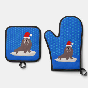 Niedlicher Weihnachtswalrus und Schneeflocken Ofenhandschuh & Topflappen-Set